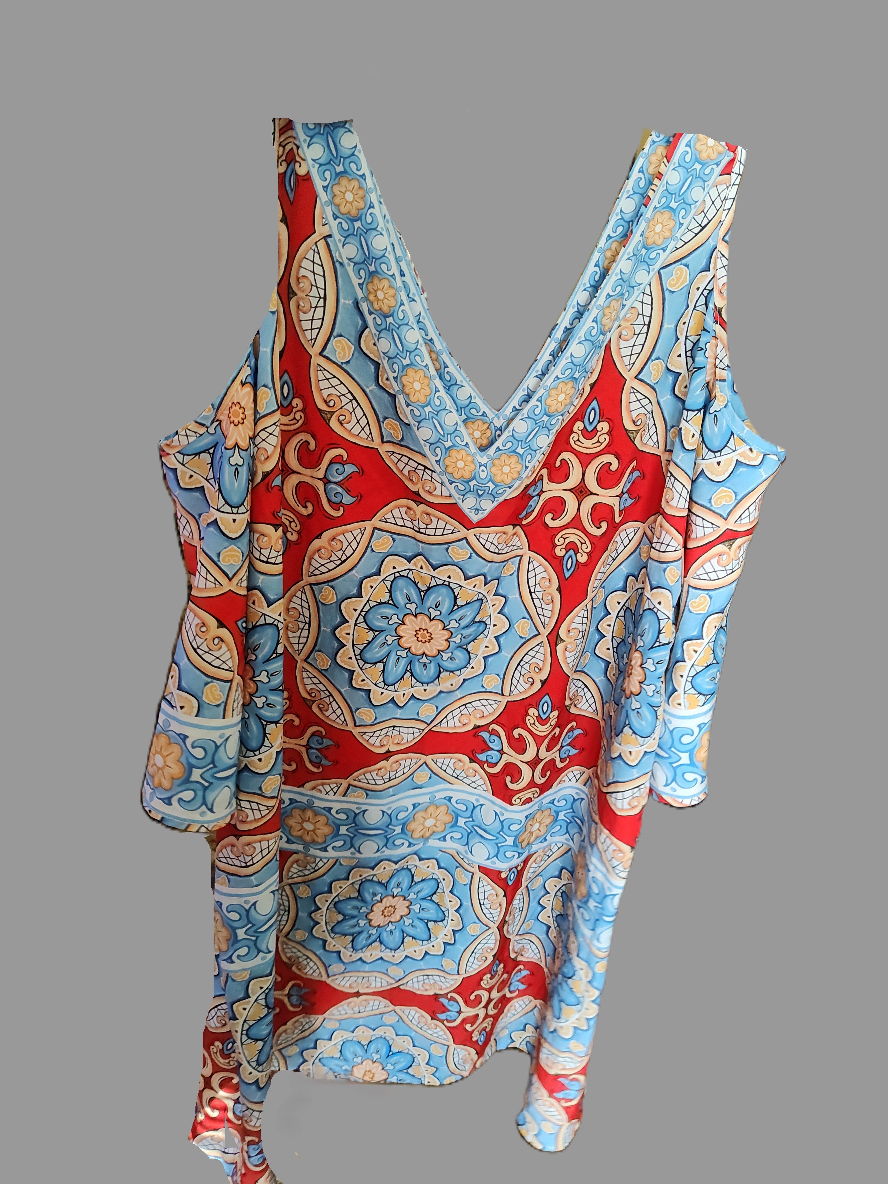 Chaus Orange and Blue Flowy Cold Shoulders Top - size Medium