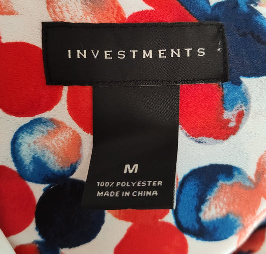 Investments Red & Blue Polka Dot Button Up Blouse - size M