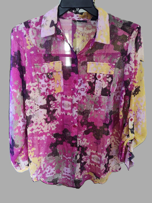 Westbound Magenta & Yellow Sheer Button Blouse - size M