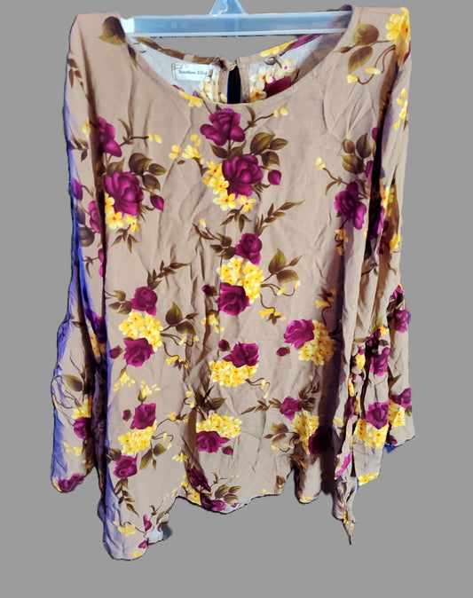 Southern Stitch Brown with Maroon Flowers Cold Shoulder Shirt - size XL