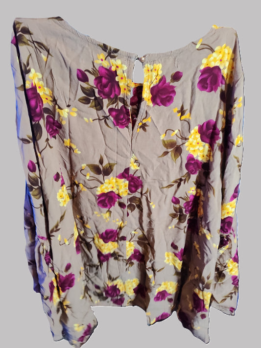 Southern Stitch Brown with Maroon Flowers Cold Shoulder Shirt - size XL