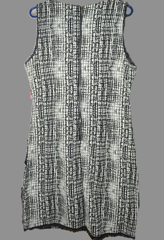 New York & Company Stretch Grey Sleeveless Short Dress with Black Lace and Frayed Edge Trim - size M