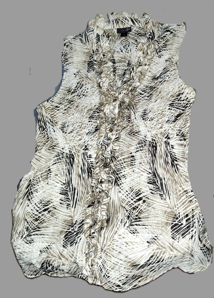 East 5th Tan Sleeveless Button Frilly Front Blouse - size L
