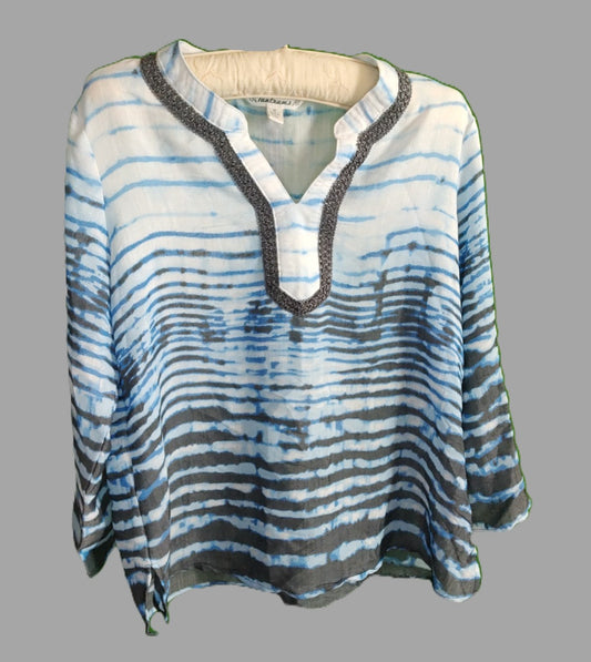 Tantrums Grey & Blue Striped Long Sleeve Thin Blouse - size M