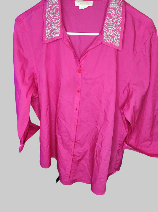 Tia Design Hot Pink Button Front Shirt with 3/4 Sleeves - size L