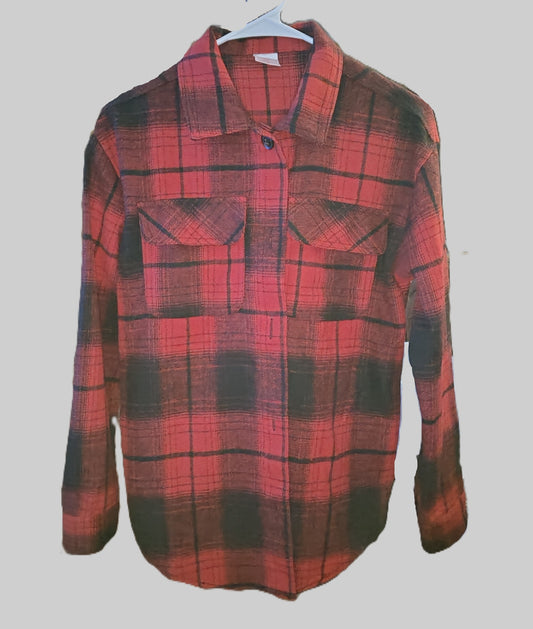 No Boundaries Red Plaid Button Up Shacket - size S