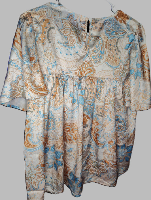 Gold and Blue Printed Round Neck Short Sleeve Flowy Blouse - size S