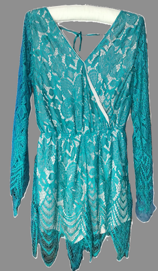 Xhilaration Women's NWT Teal Floral Lace Long Sleeve Romper - size XS