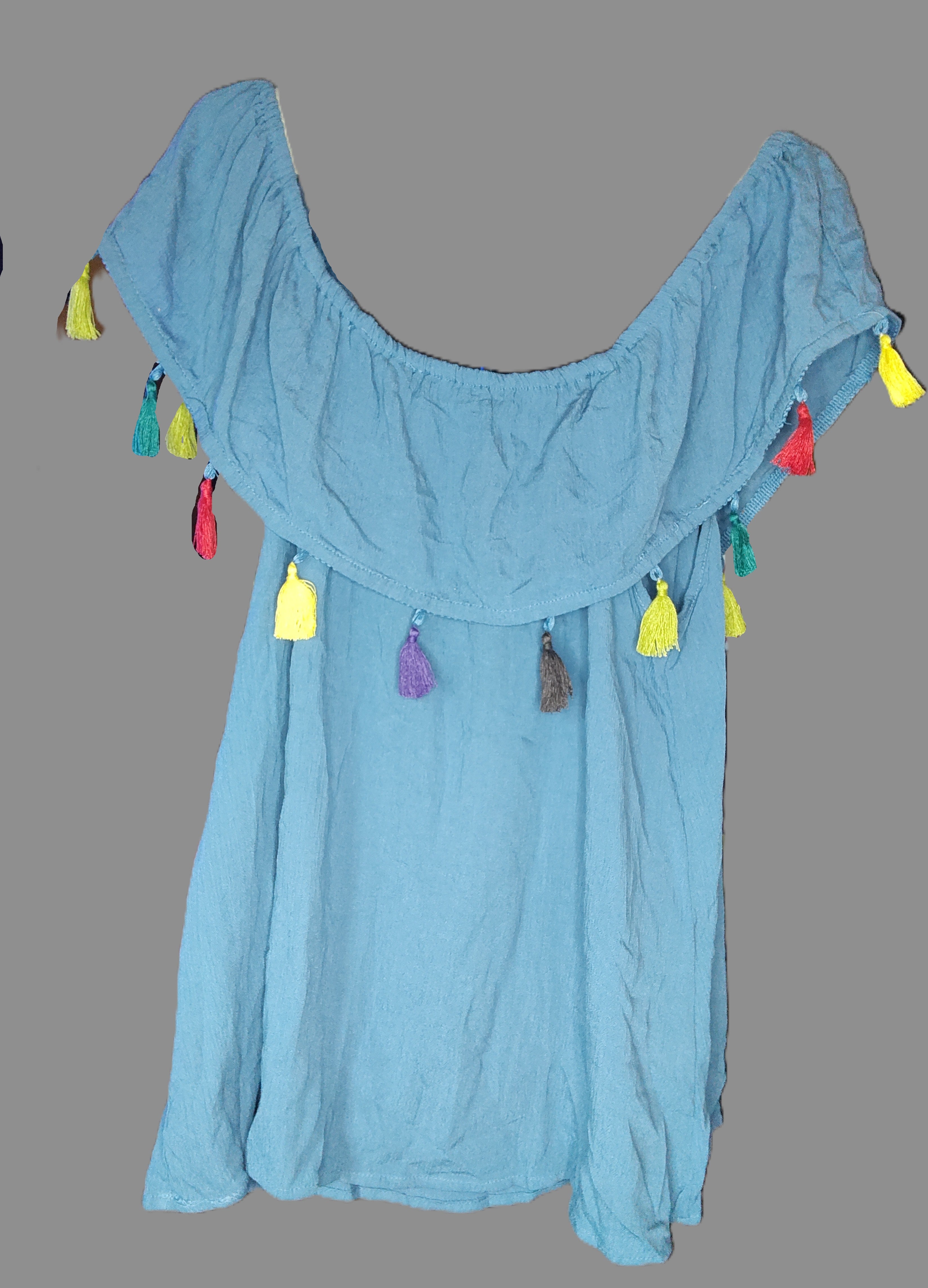 Indulge In Style Women's Off Shoulder Blue Sleeveless Blouse with Colorful Tassels