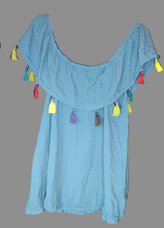 Indulge In Style Women's Off Shoulder Blue Sleeveless Blouse with Colorful Tassels