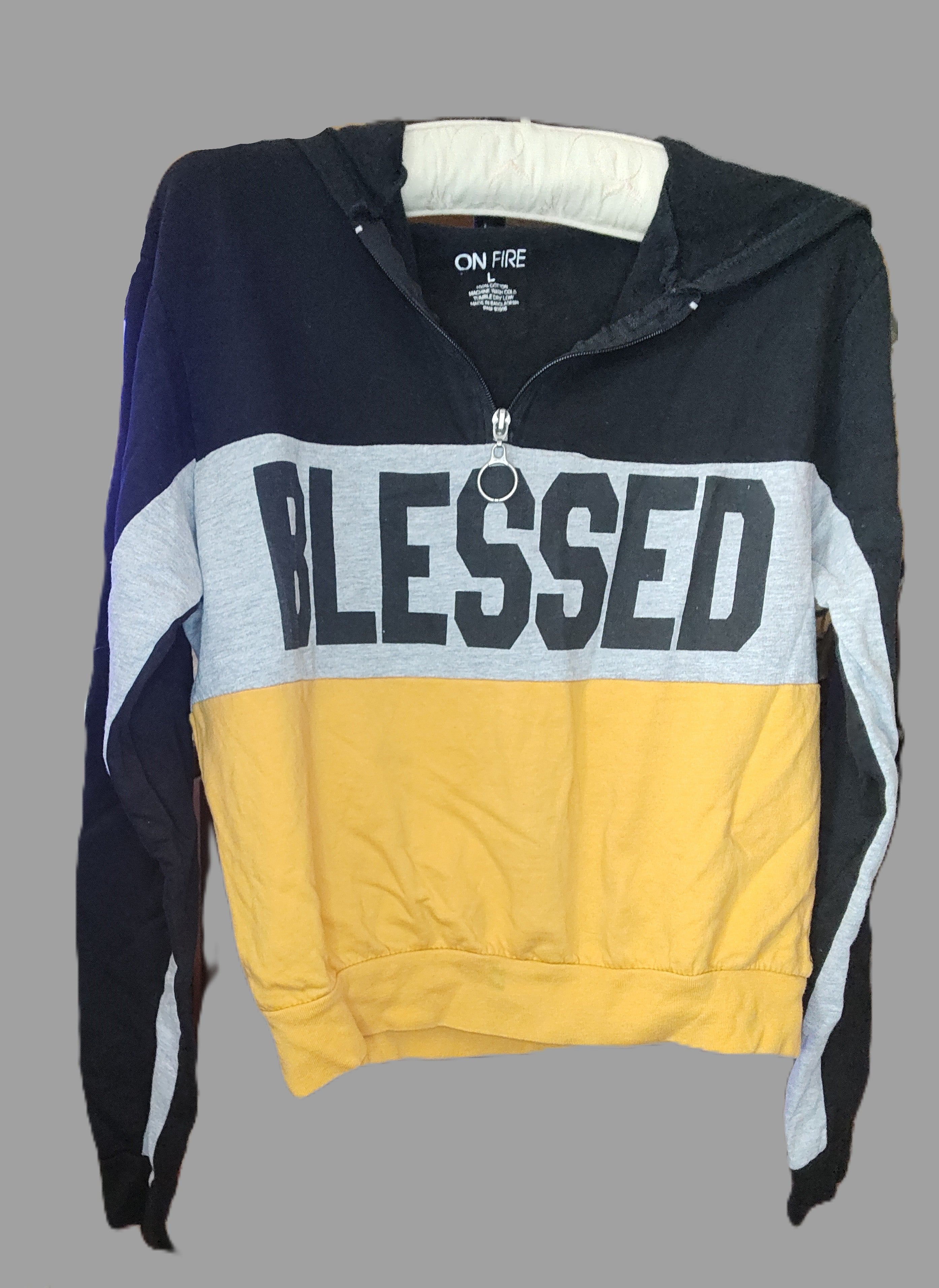 On Fire Yellow and Black Blessed Cropped Hoodie - size L