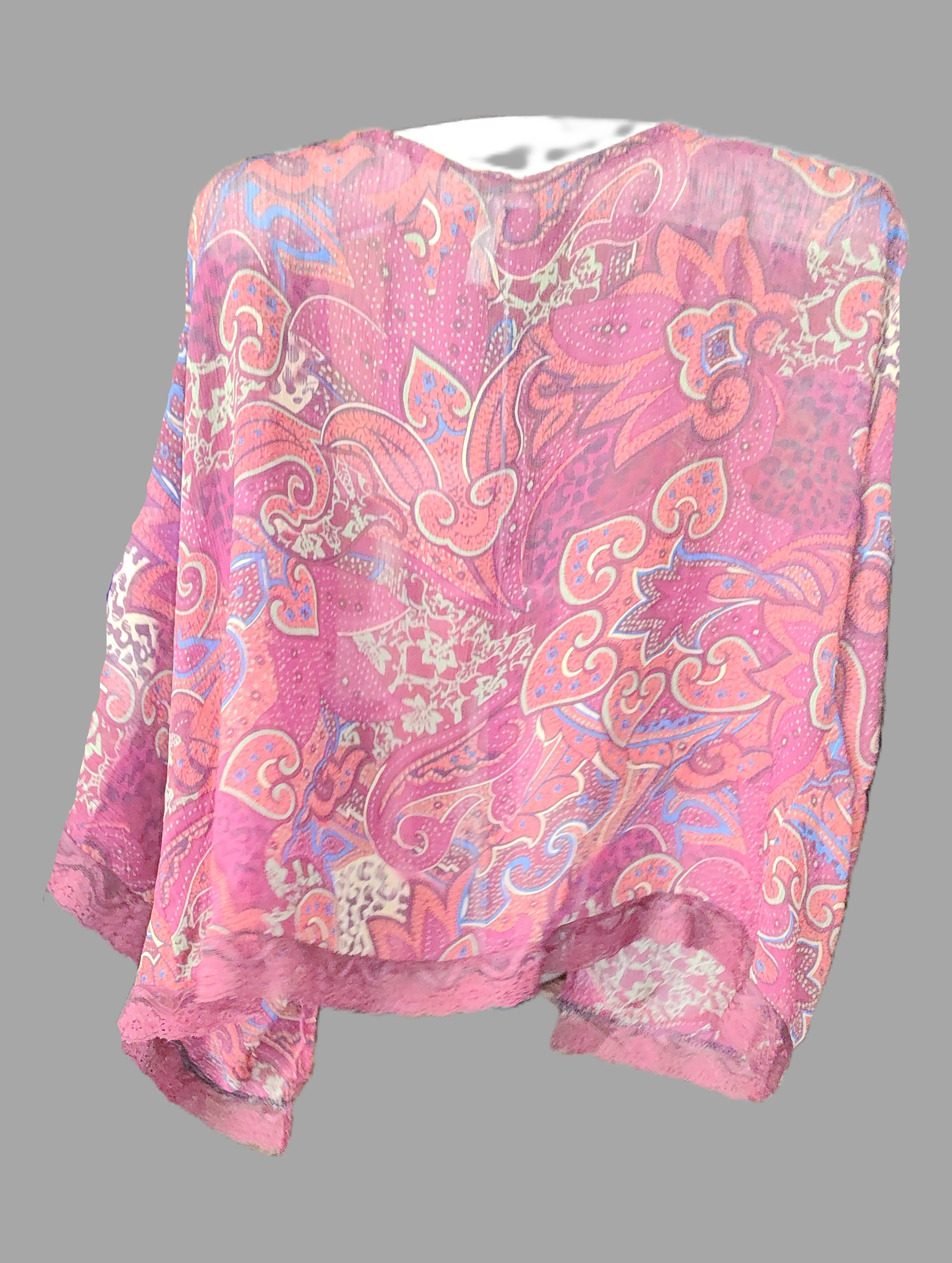 Sheer Dusty Rose Paisley Kimono with Lace Trim