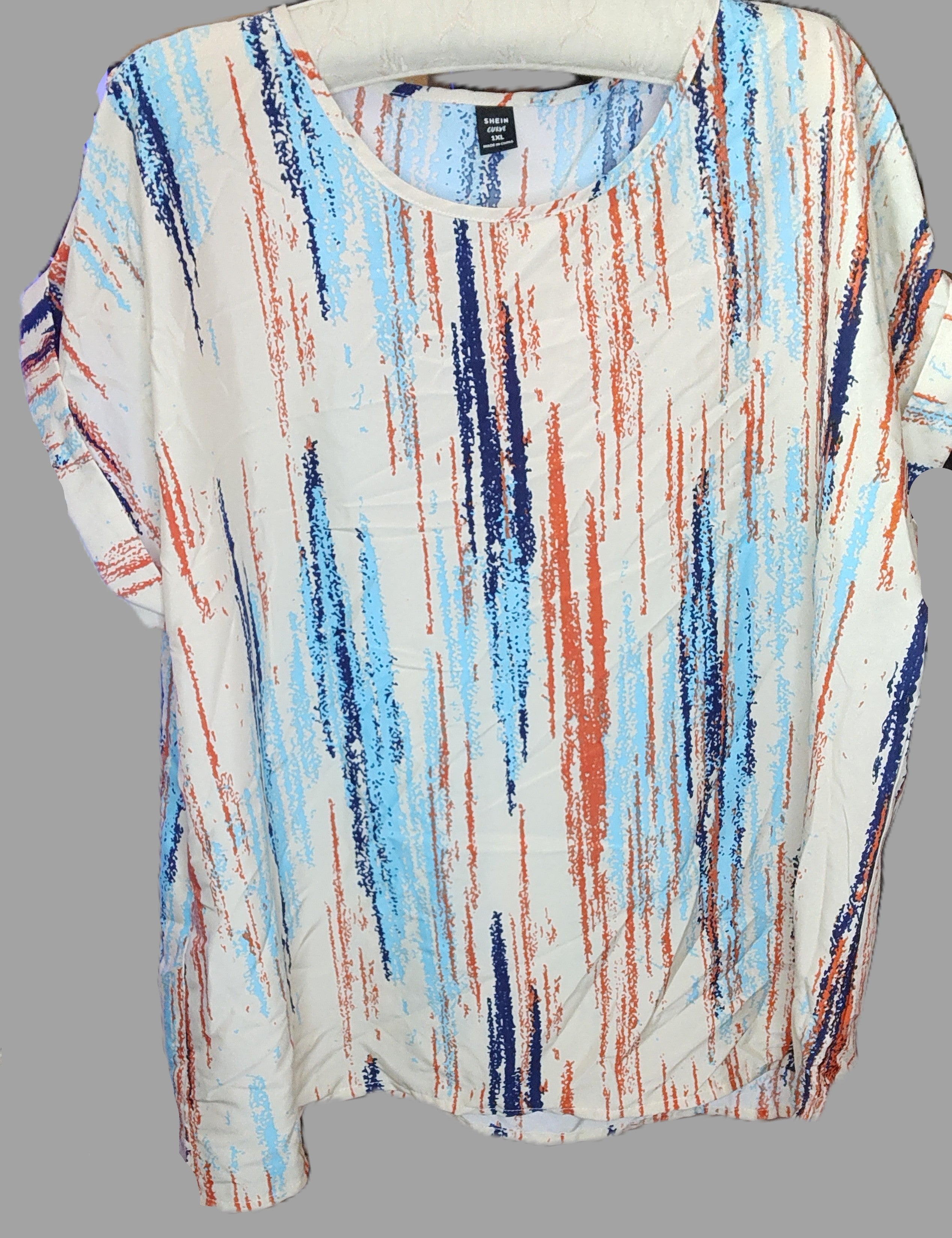 Shein Curve Color Streaks Cuffed Short Sleeves Blouse - size 1XL