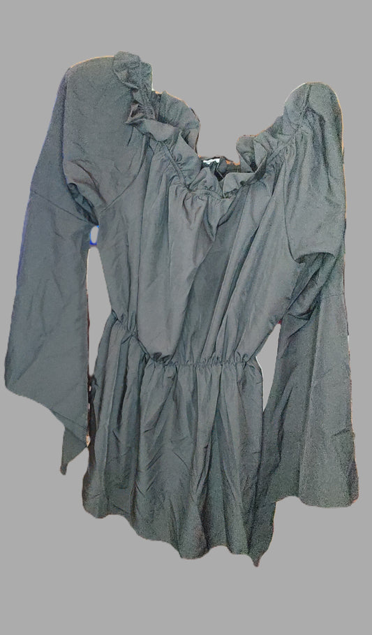 Black Polyester Ruffle Blouse with Gathered Waist and Neckline - size XL