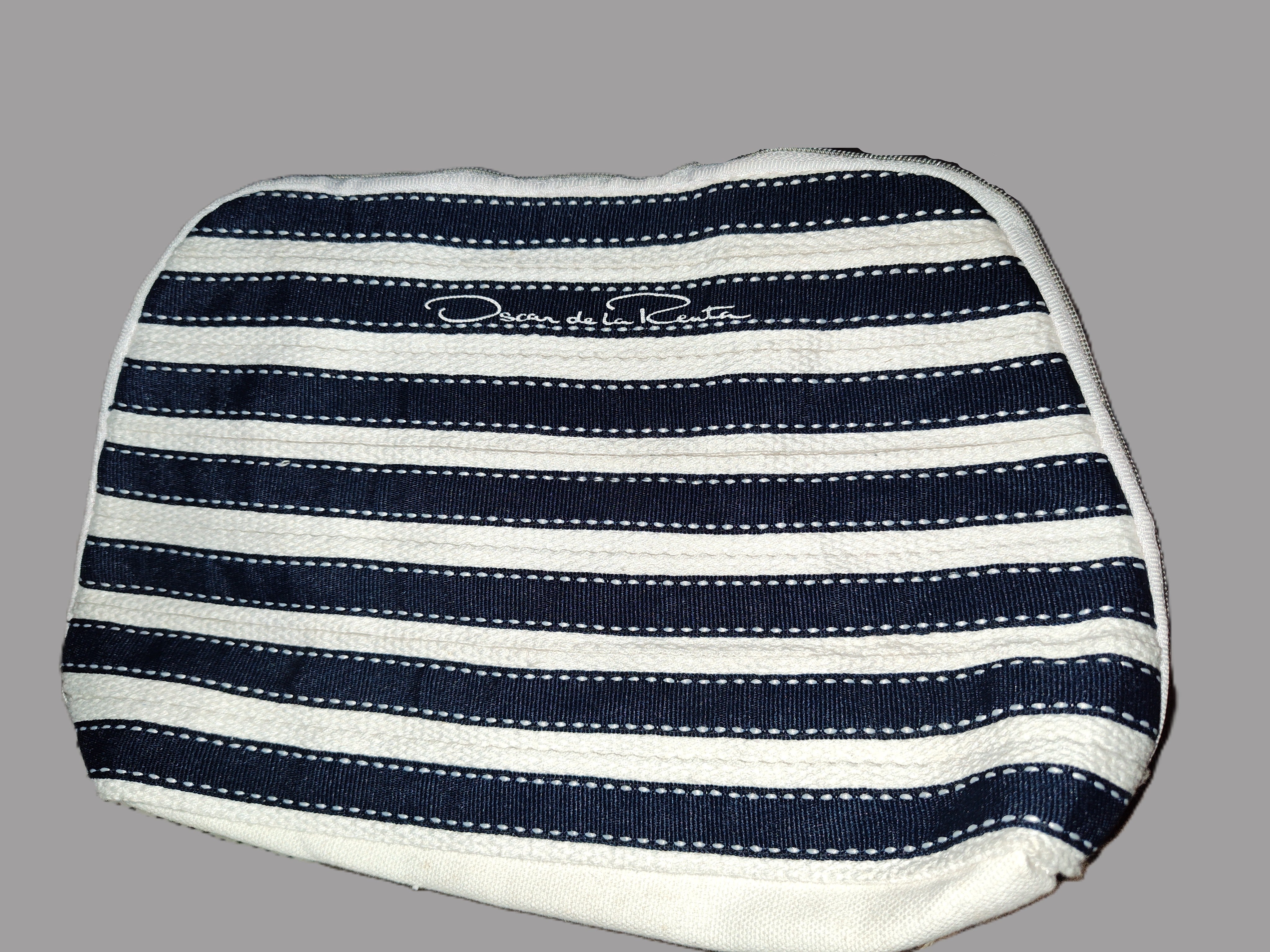 Blue & White Canvas Makeup Bag with Pink Interior