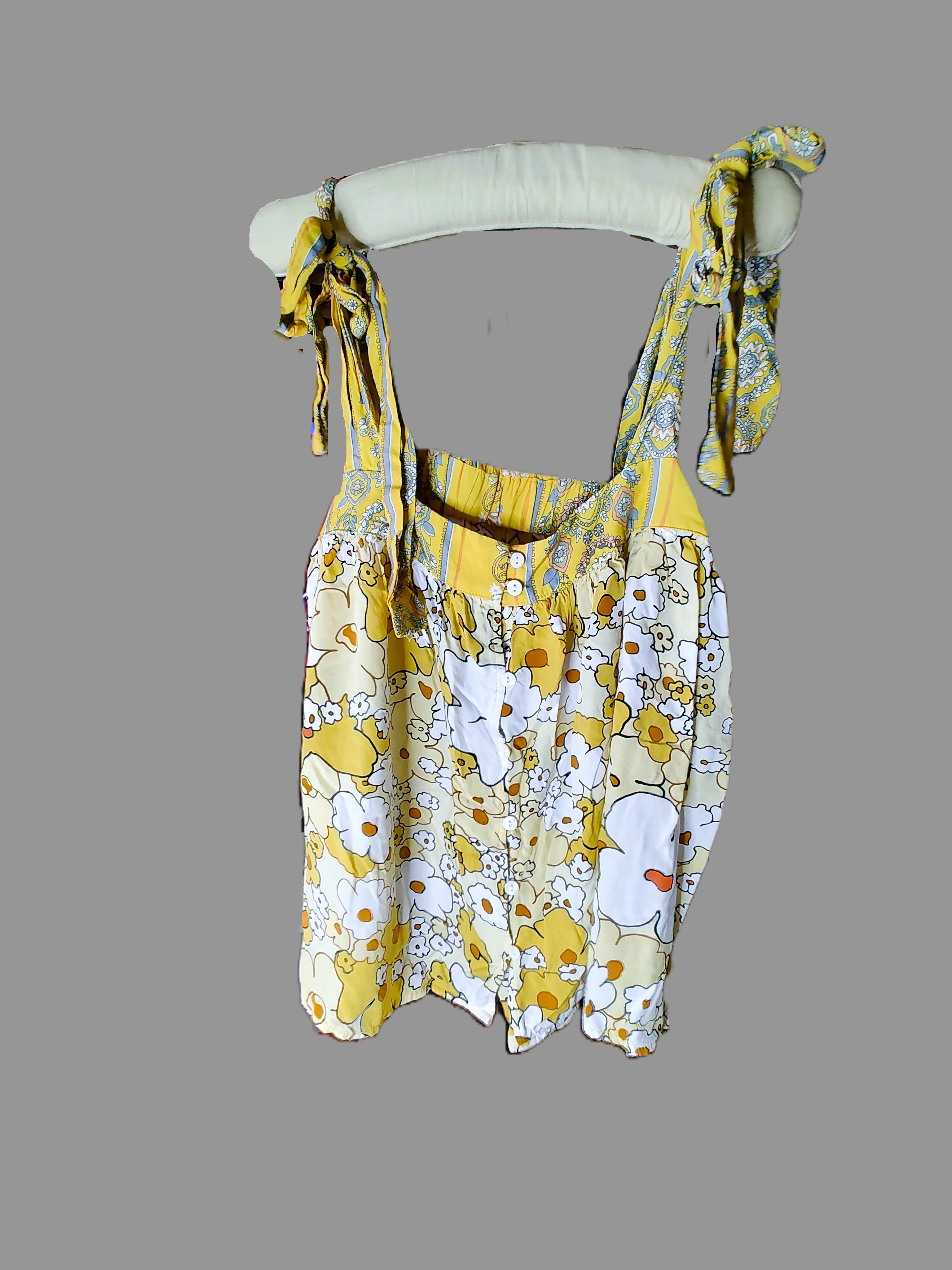 Yellow Floral Boho Tank Top with Tie Straps