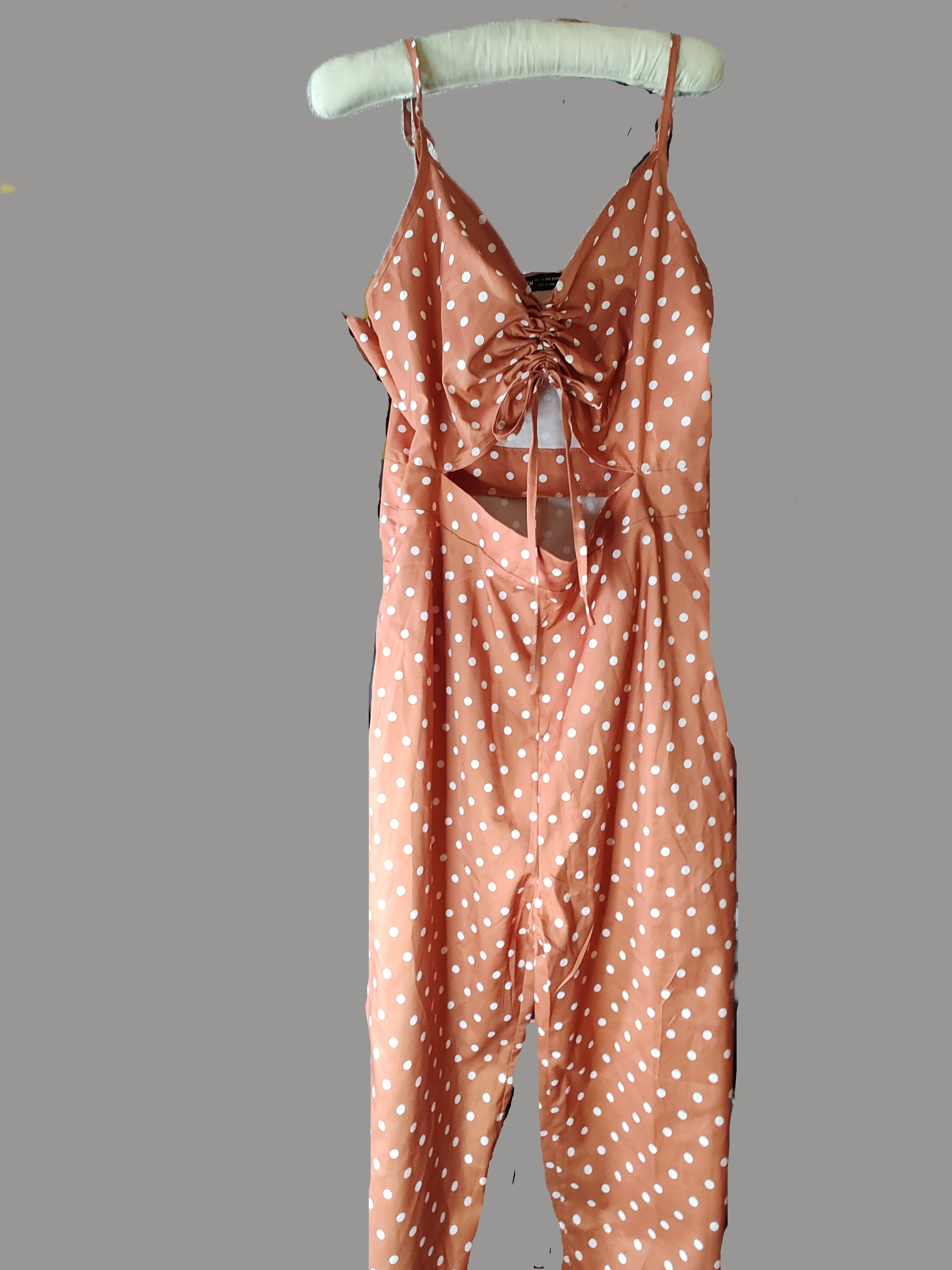 Shein Orange Polka Dot Cutout Jumpsuit with Spaghetti Straps and Long Pants- size 8/10