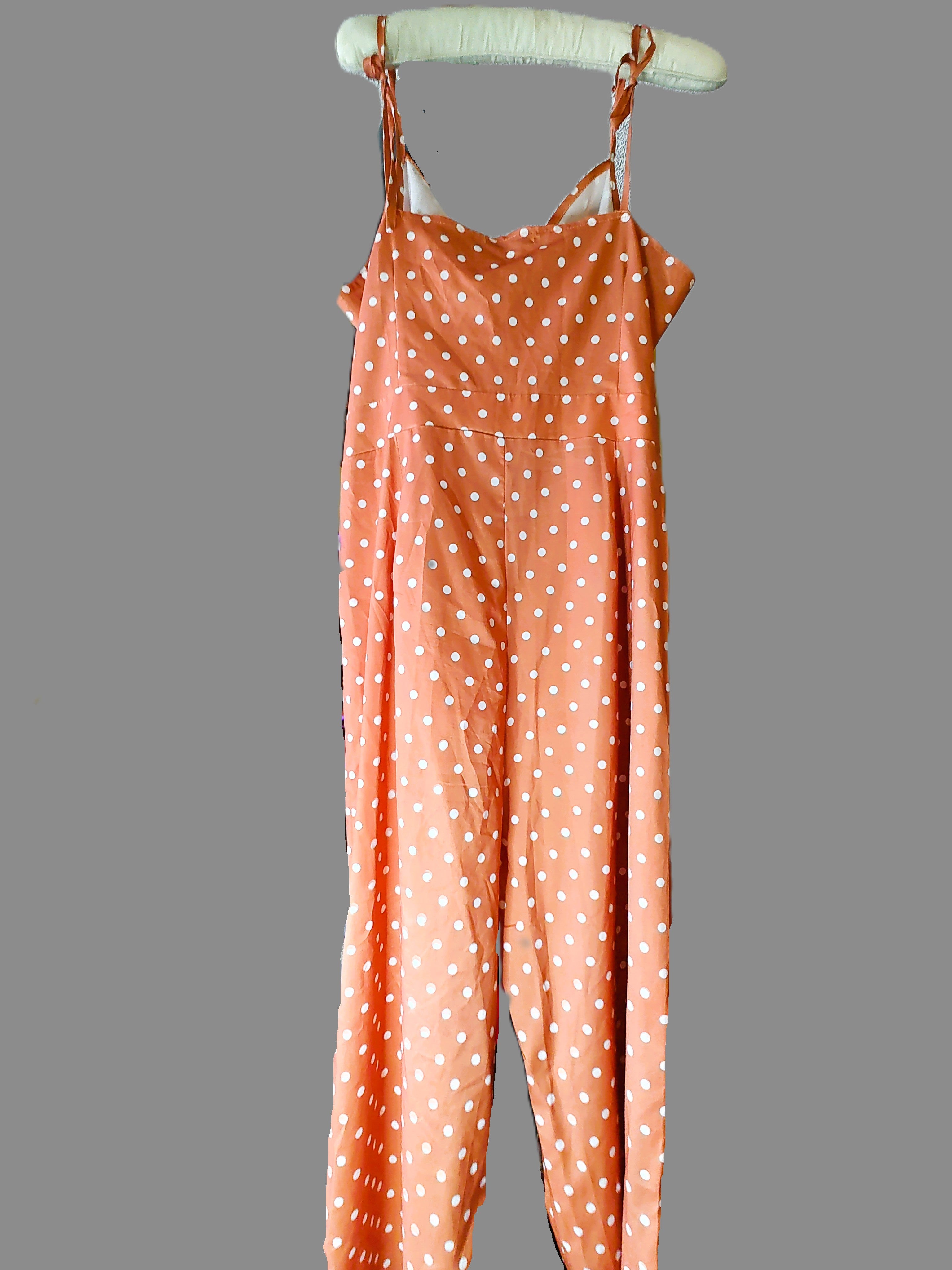 Shein Orange Polka Dot Cutout Jumpsuit with Spaghetti Straps and Long Pants- size 8/10