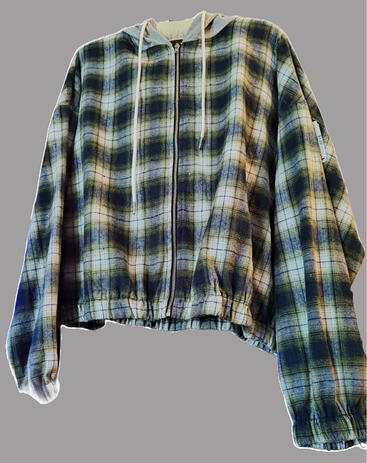 Women's Green Plaid Long Sleeve Cropped Jacket with Grey Hood