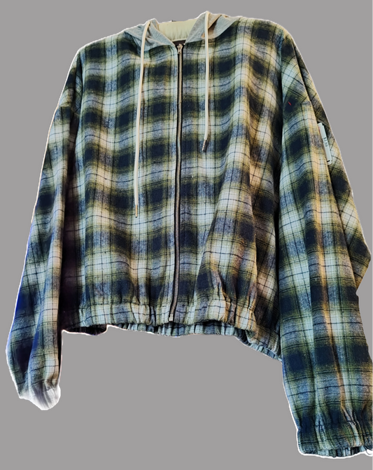 Women's Green Plaid Long Sleeve Cropped Jacket with Grey Hood