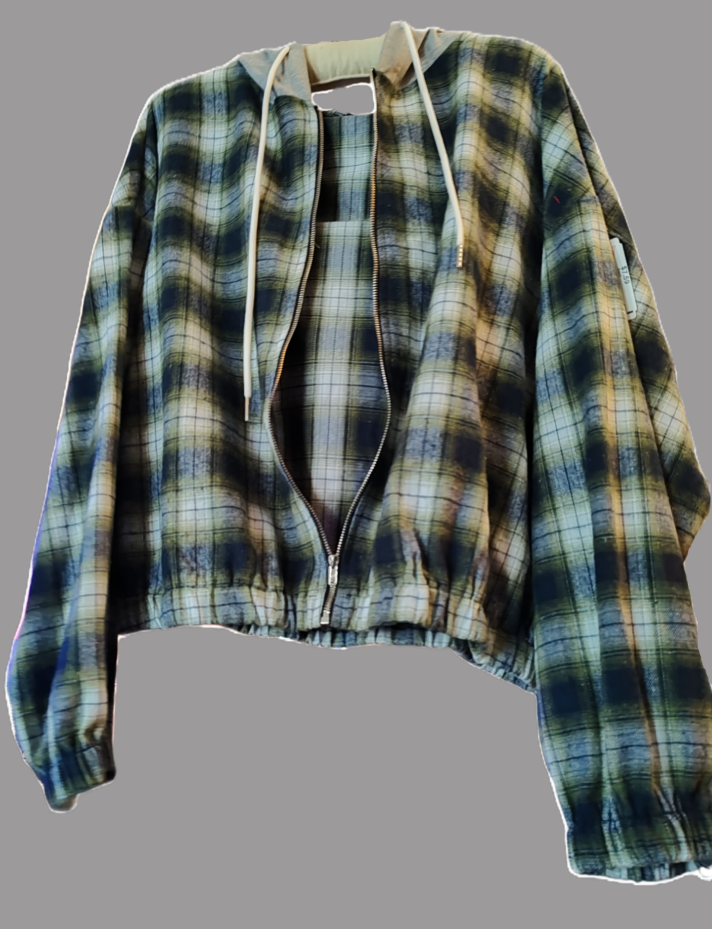 Women's Green Plaid Long Sleeve Cropped Jacket with Grey Hood