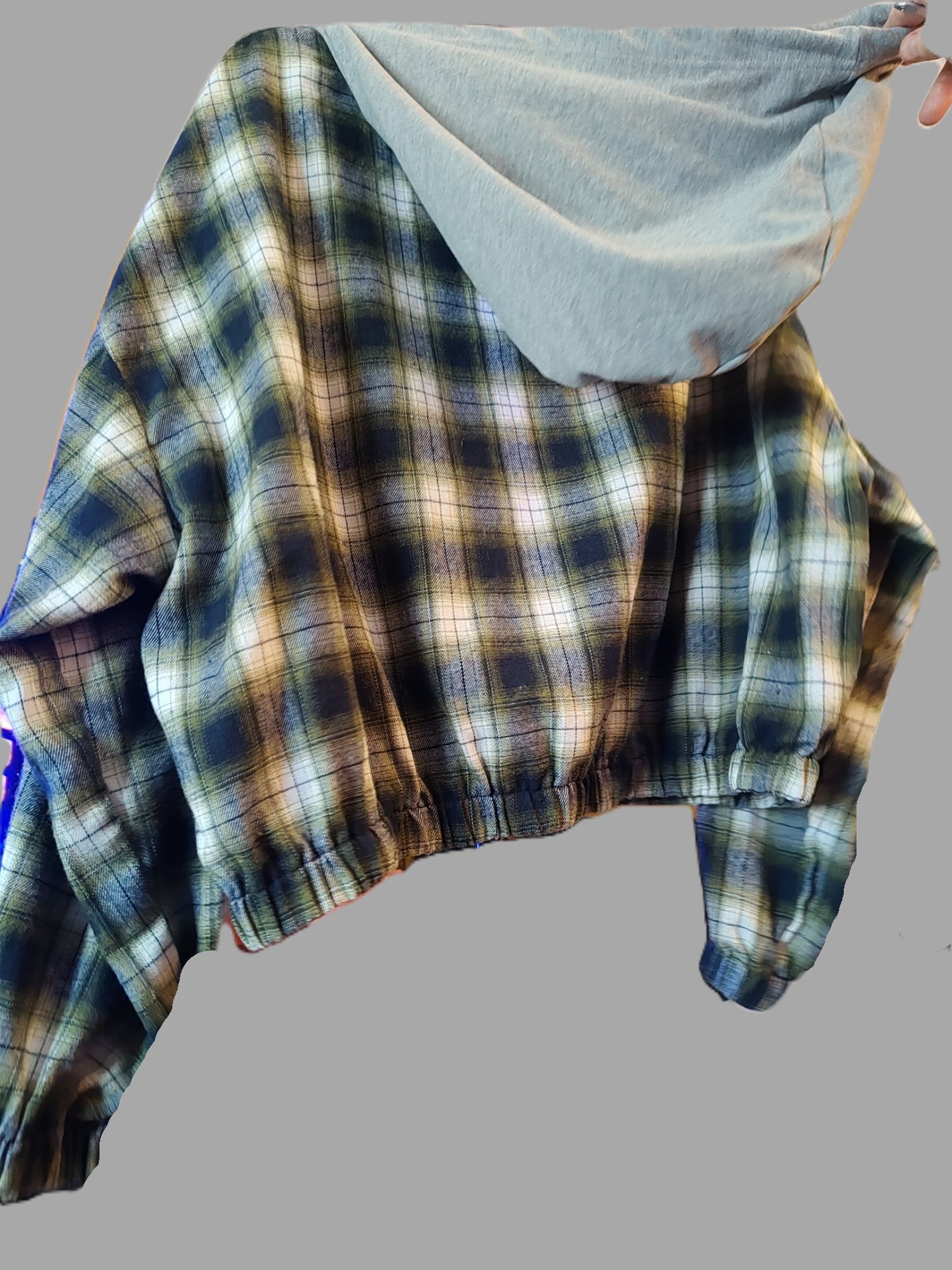 Women's Green Plaid Long Sleeve Cropped Jacket with Grey Hood