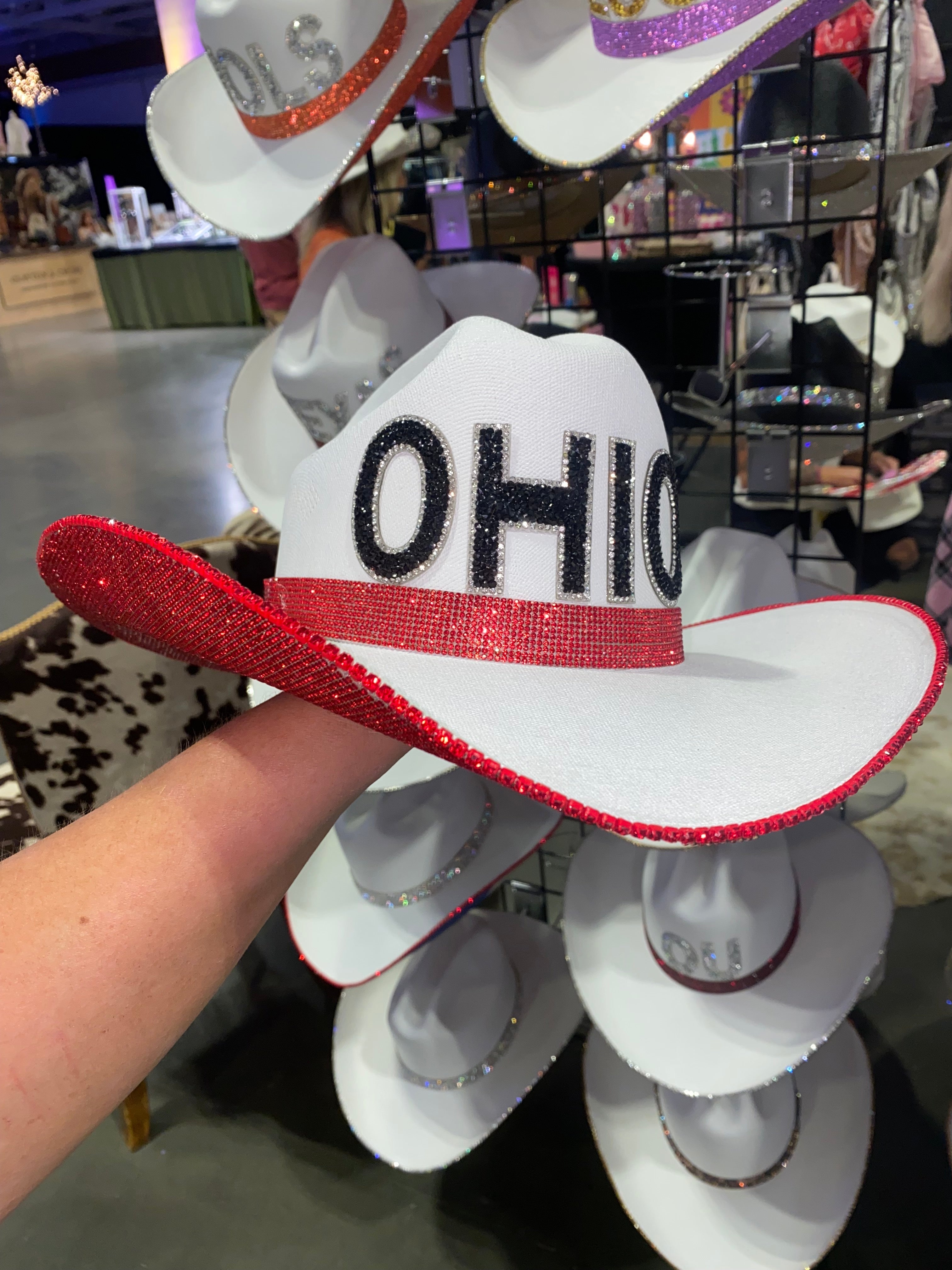 Ohio State White Straw Hat with Red Rhinestones