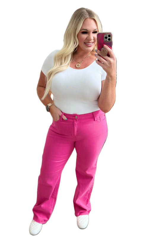 Barbara High Rise Pink Dyed 90's Straight Jeans up to 24W by Judy Blue