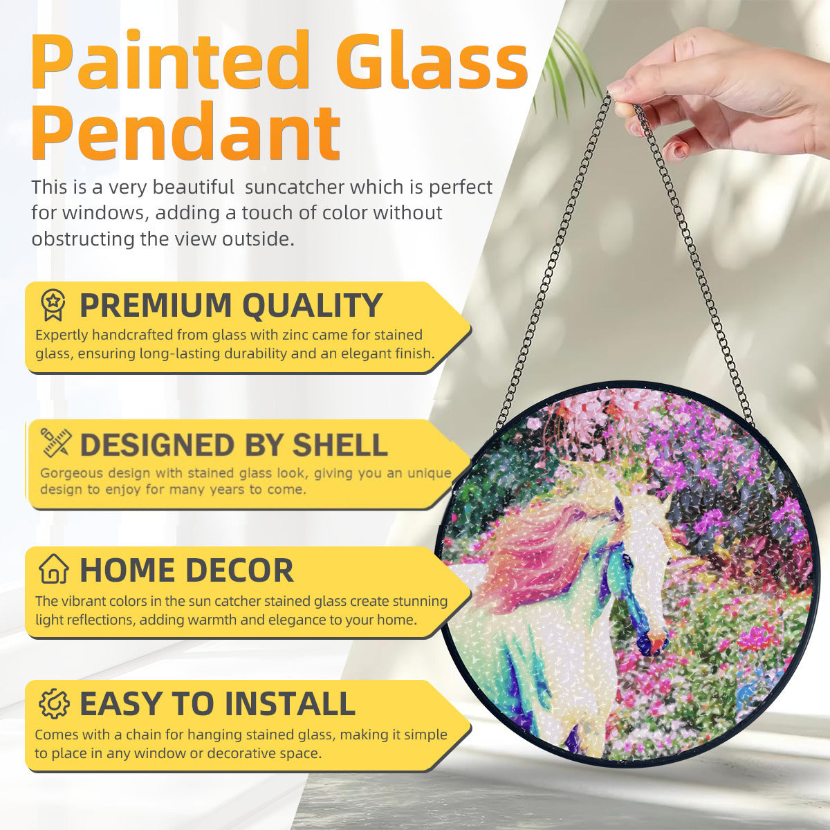 White Horse with Pink Floral Background Glass Suncatcher