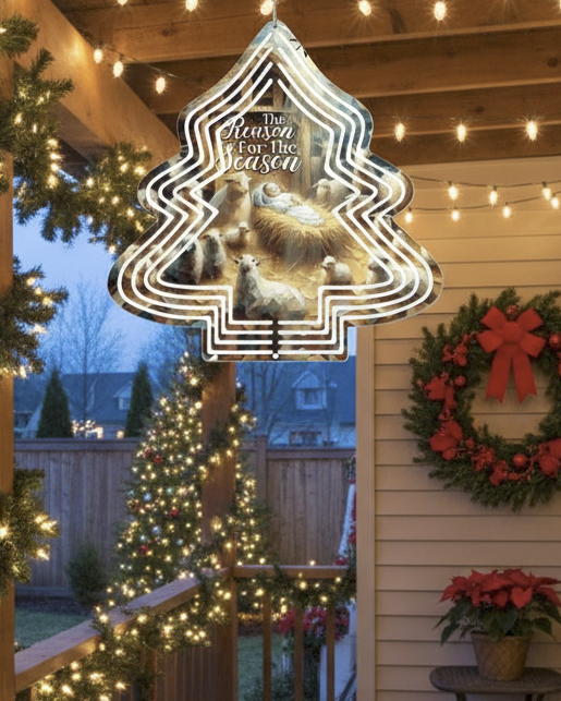 Baby Jesus Reason for the Season Tree Shaped Metal Wind Spinner