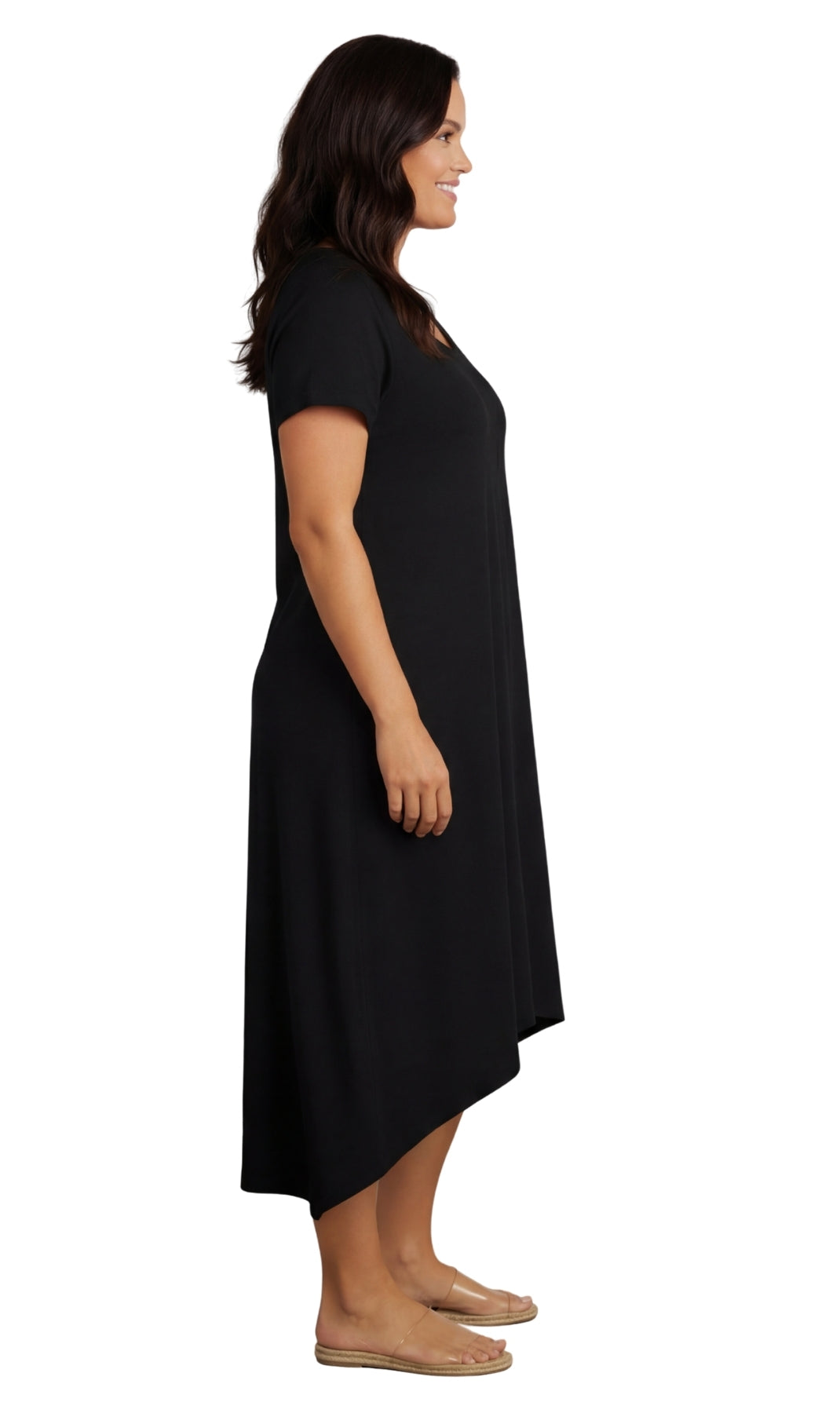 Women's Knit Wide Scoop Neck Short Sleeve Dress in A-line Asymmetrical Hem