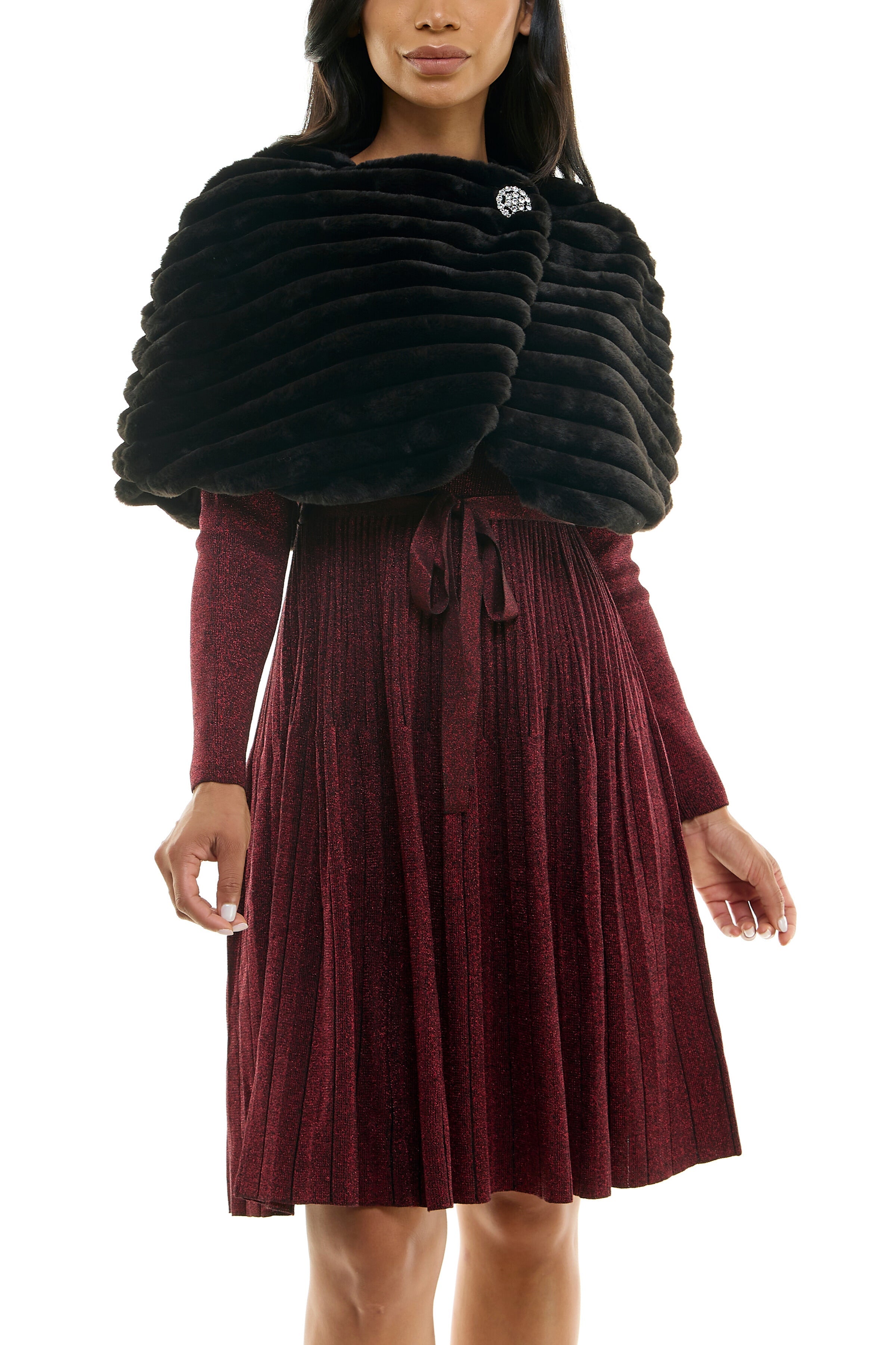Nina Leonard Wrap Over Faux Fur Capelet And Crystal Closure (Plus Size)