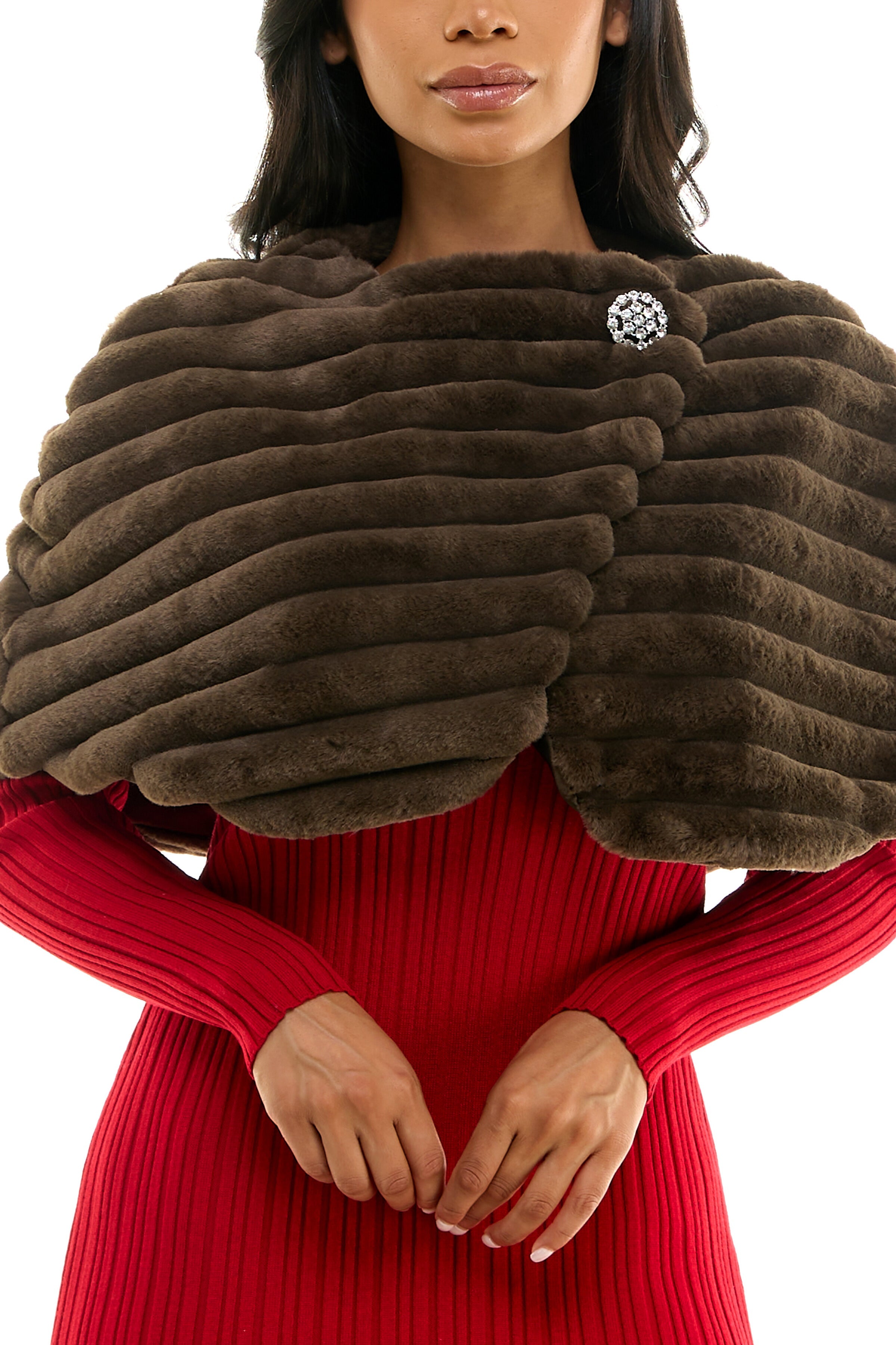 Nina Leonard Wrap Over Faux Fur Capelet And Crystal Closure (Plus Size)