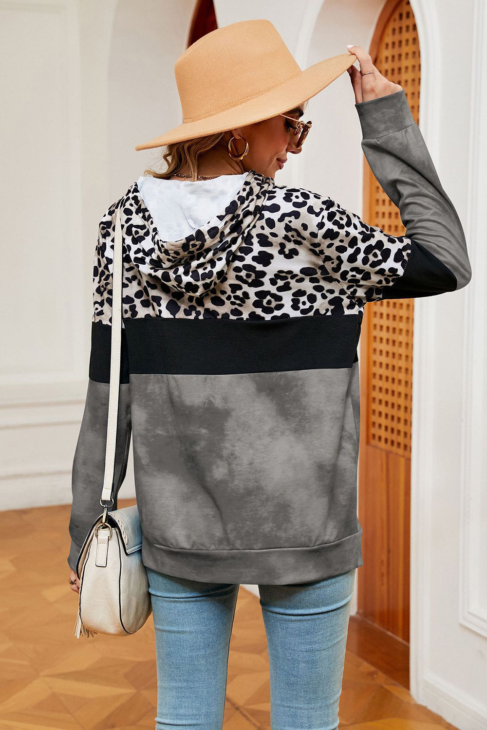 Women's Charcoal Leopard Drawstring Hoodie with Pocket