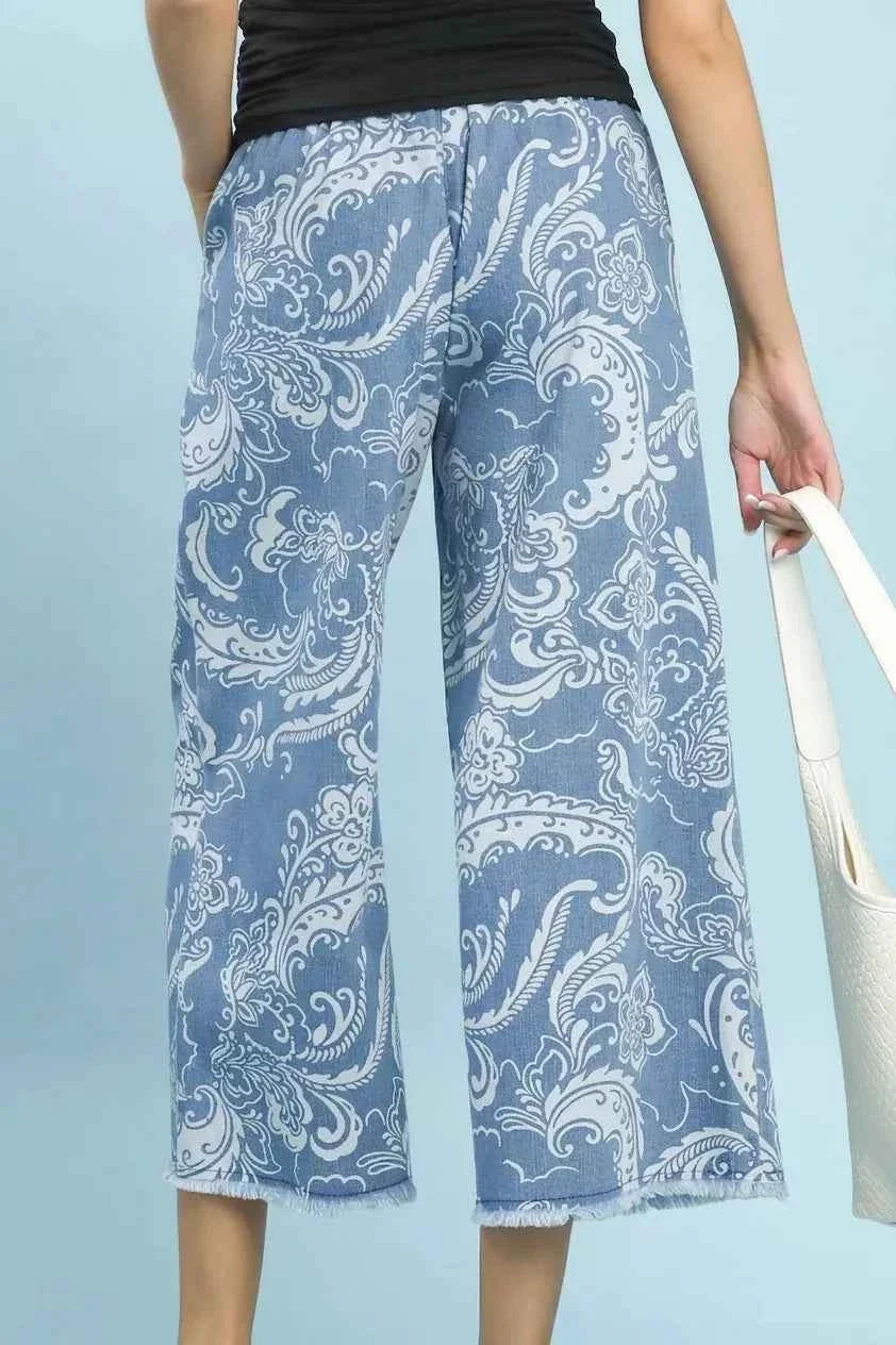 Light Denim Stone Wash Floral Print Wide Leg Crop Pants by Umgee