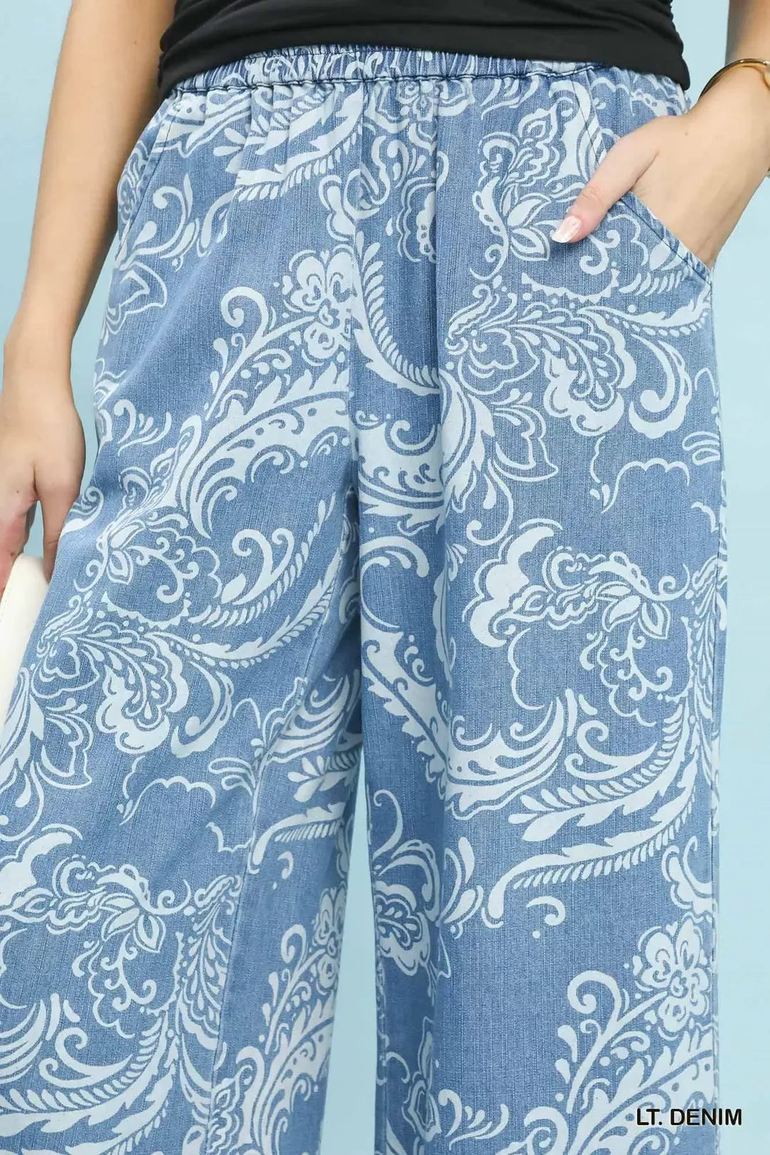 Light Denim Stone Wash Floral Print Wide Leg Crop Pants by Umgee