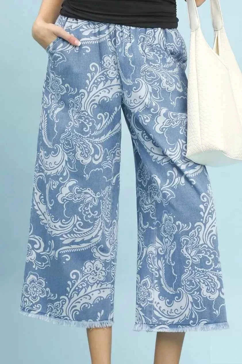 Light Denim Stone Wash Floral Print Wide Leg Crop Pants by Umgee
