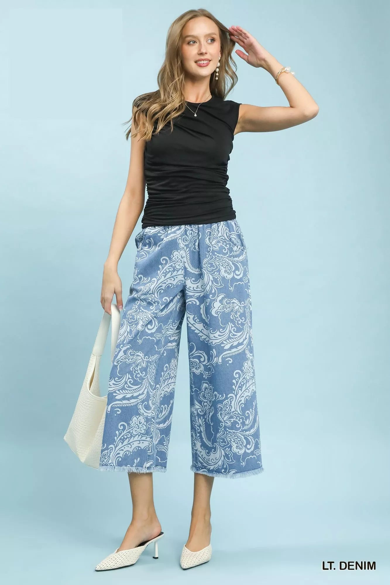Light Denim Stone Wash Floral Print Wide Leg Crop Pants by Umgee