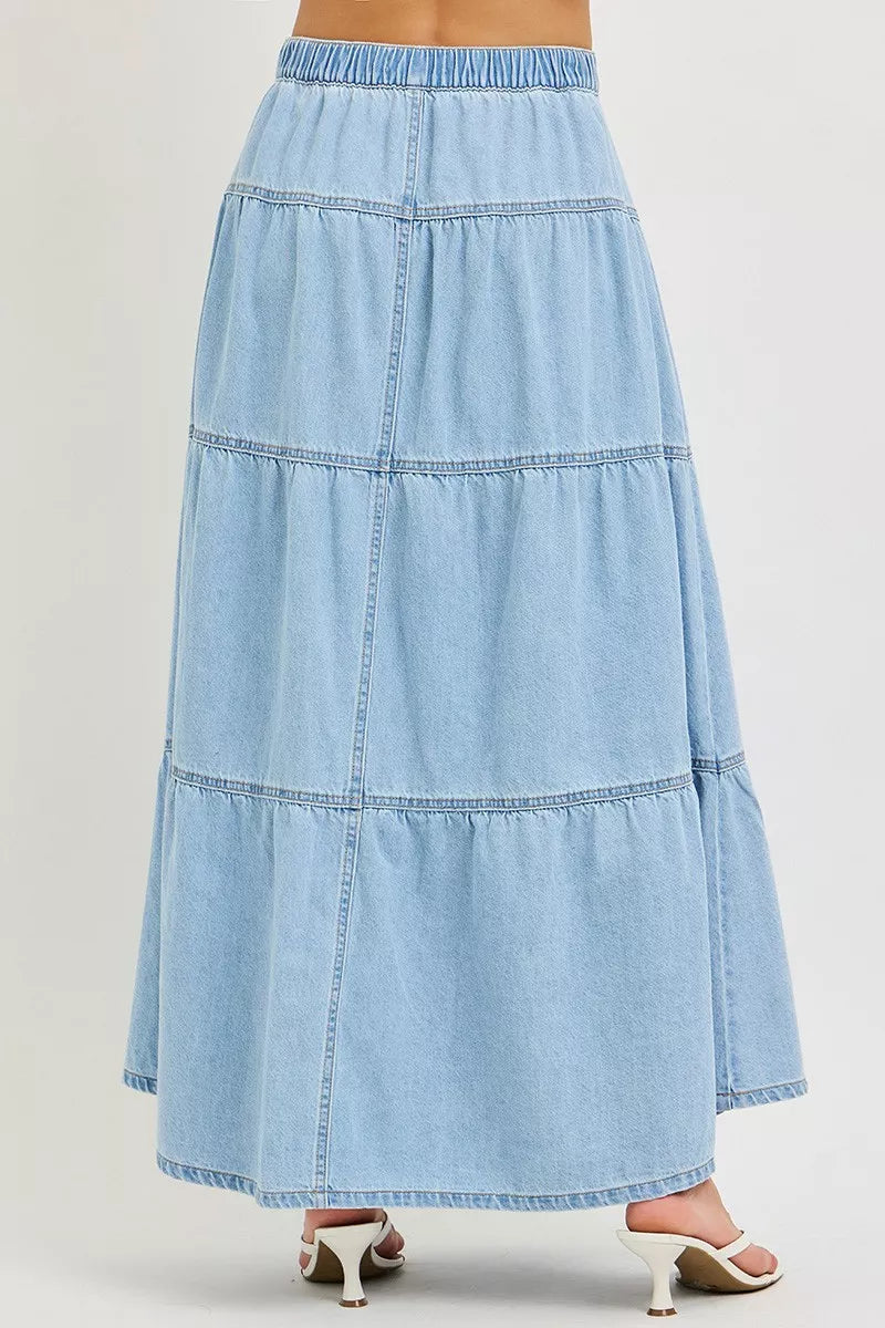 Light Wash High Rise Ruffle Tiered Button Front Maxi Skirt by Risen