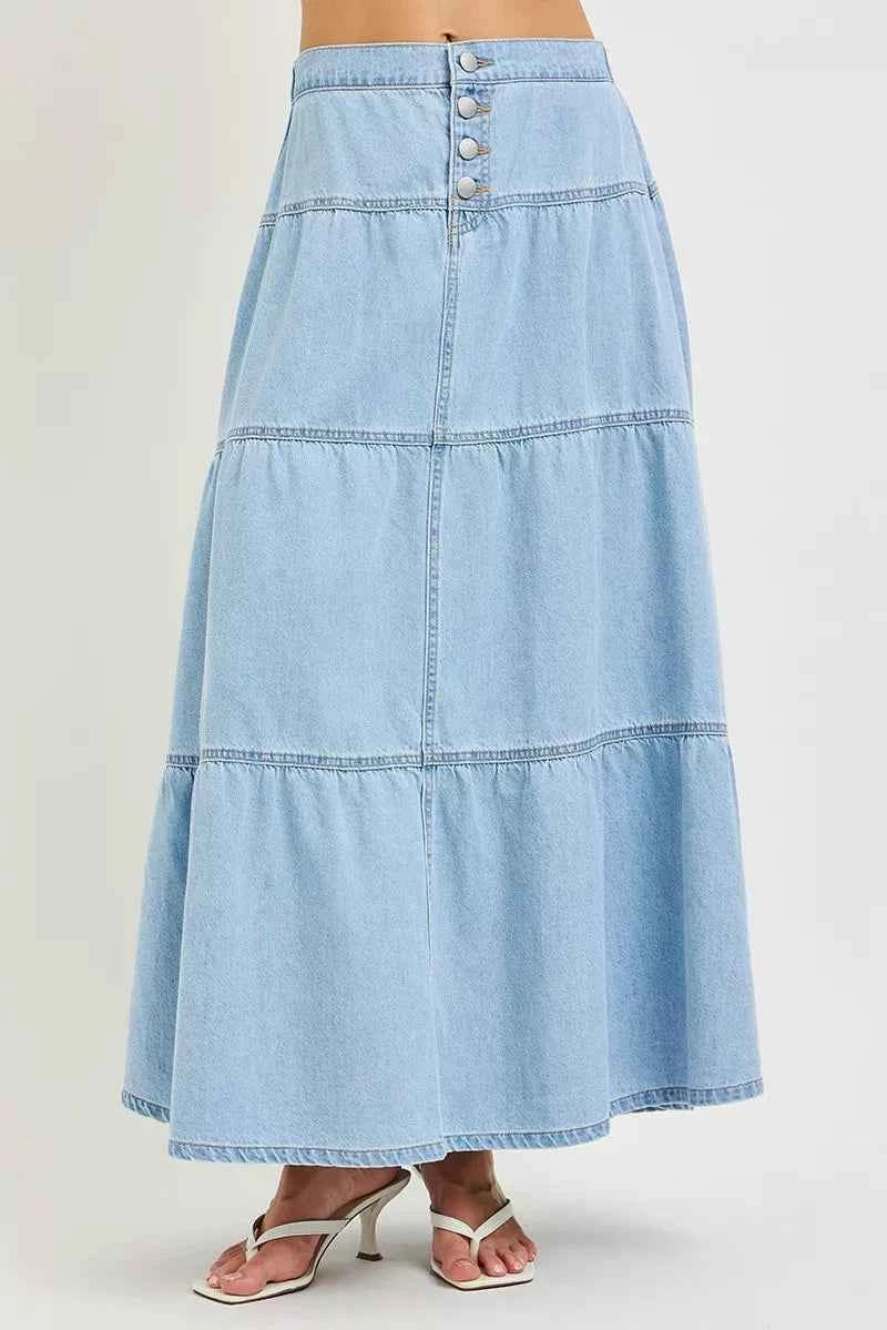 Light Wash High Rise Ruffle Tiered Button Front Maxi Skirt by Risen