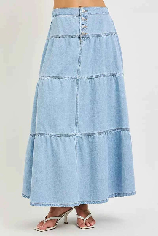 Light Wash High Rise Ruffle Tiered Button Front Maxi Skirt by Risen