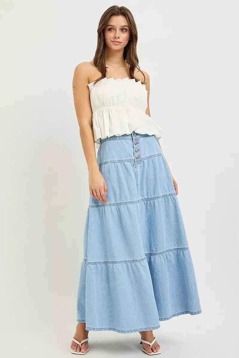 Light Wash High Rise Ruffle Tiered Button Front Maxi Skirt by Risen