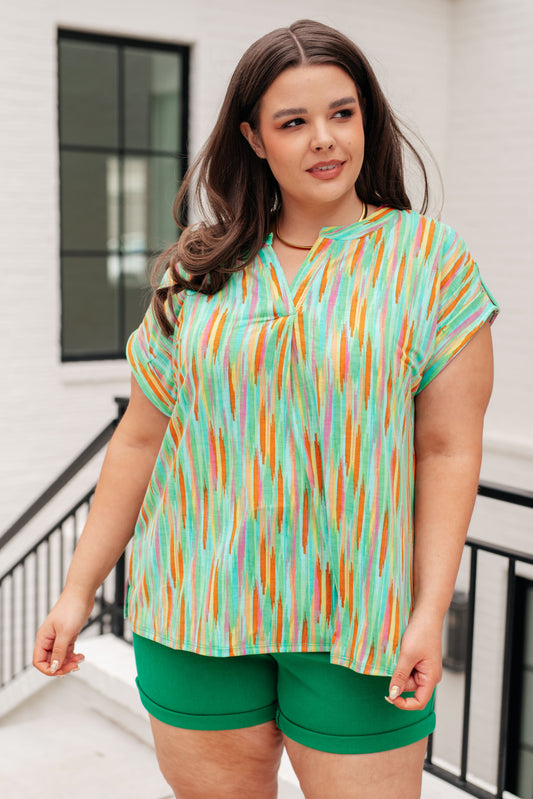 Lizzy Cap Sleeve Top in Lime and Emerald Stripes
