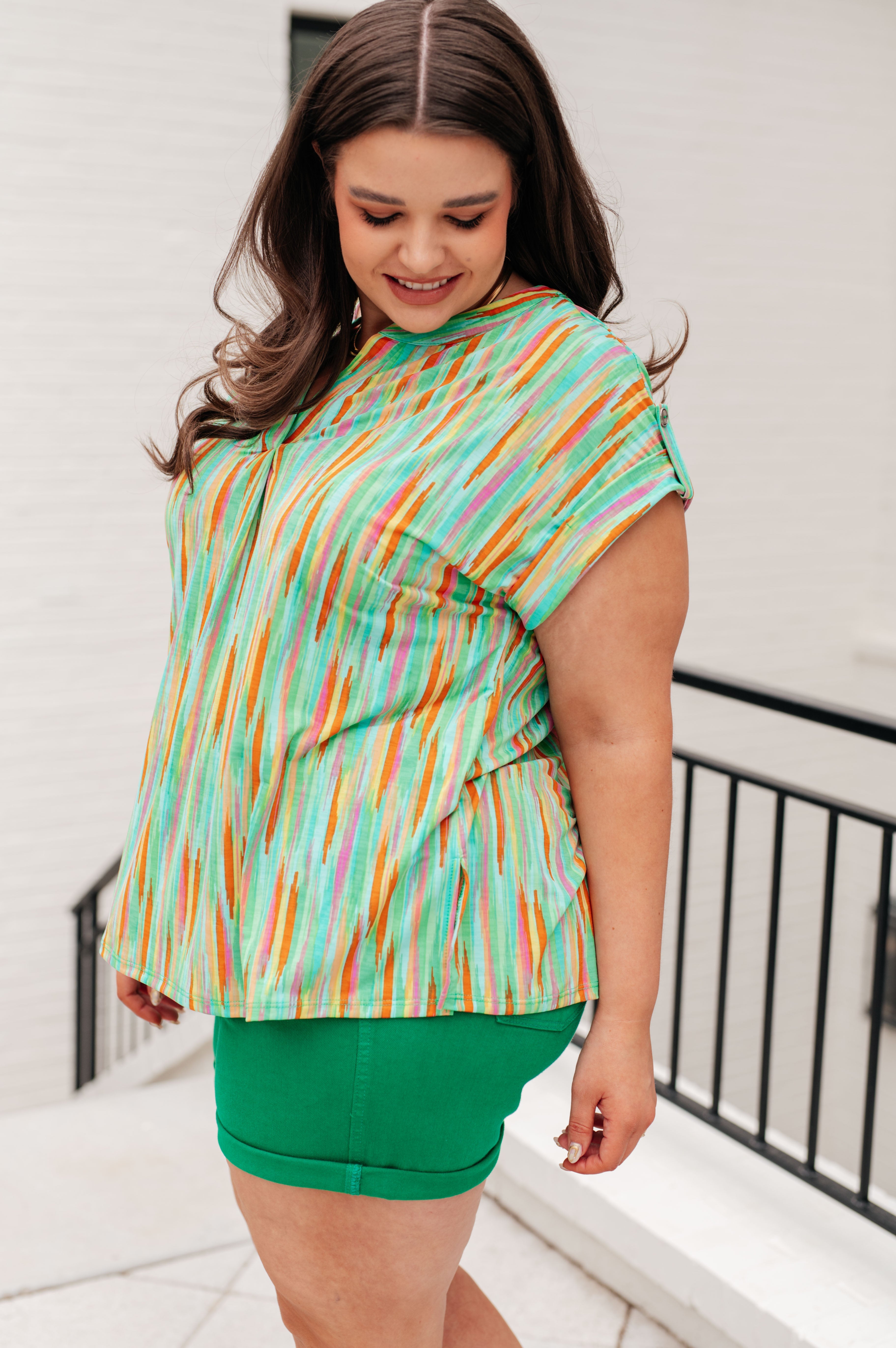 Lizzy Cap Sleeve Top in Lime and Emerald Stripes