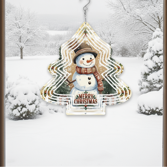 Decorative snowman ornament with 'Merry Christmas' text against a snowy background