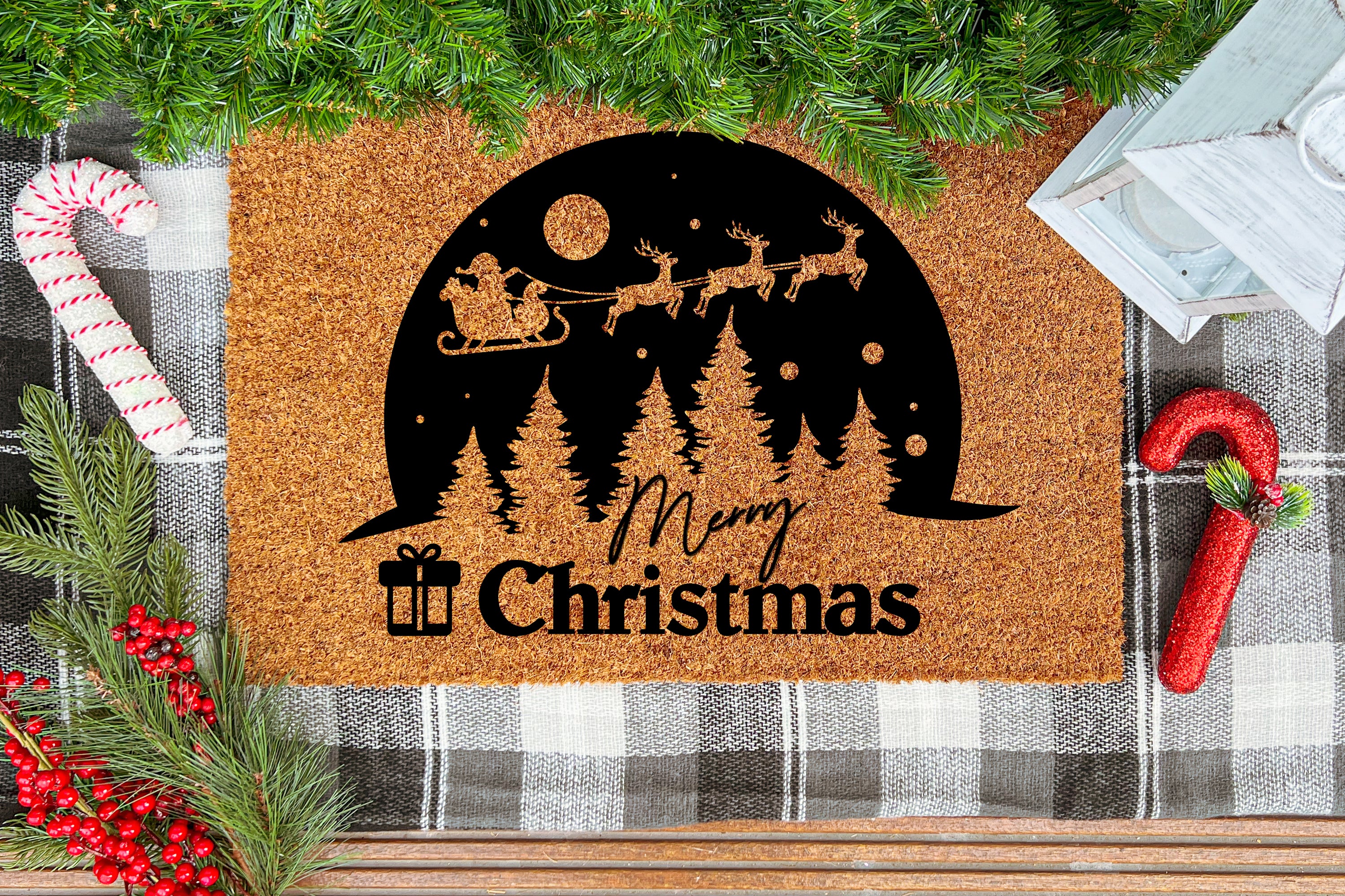 Santa's Sleigh Merry Christmas Outdoor Bristle Doormat