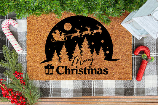 Santa's Sleigh Merry Christmas Outdoor Bristle Doormat