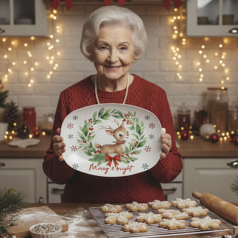 Merry & Bright Reindeer Wreath Oval Serving Platter
