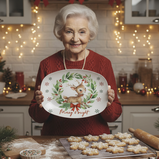 Merry & Bright Reindeer Wreath Oval Serving Platter