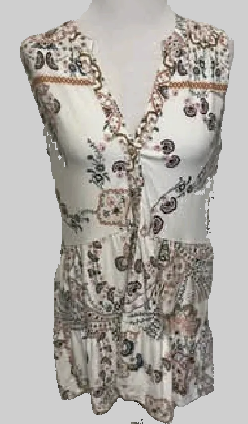 East 5th Tan Sleeveless Button Frilly Front Blouse - size L